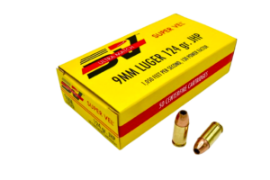 Super Vel Ultra Match 9mm Luger 124 grain JHP factory new match ammo box, sold as a 1,000-round case of twenty 50-round boxes