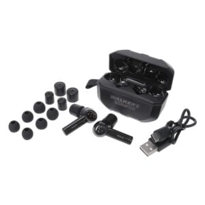 Walker's Disrupter noise-canceling Bluetooth electronic earbuds in black with charging case